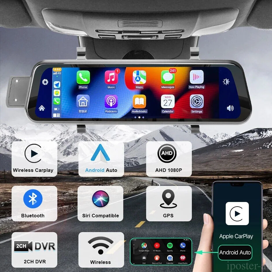 9.66&quot; Touch Screen Car Dual Lens DVR Wireless Carplay Android Auto Screen Dash Cam GPS Navigator with 32GB TF Card