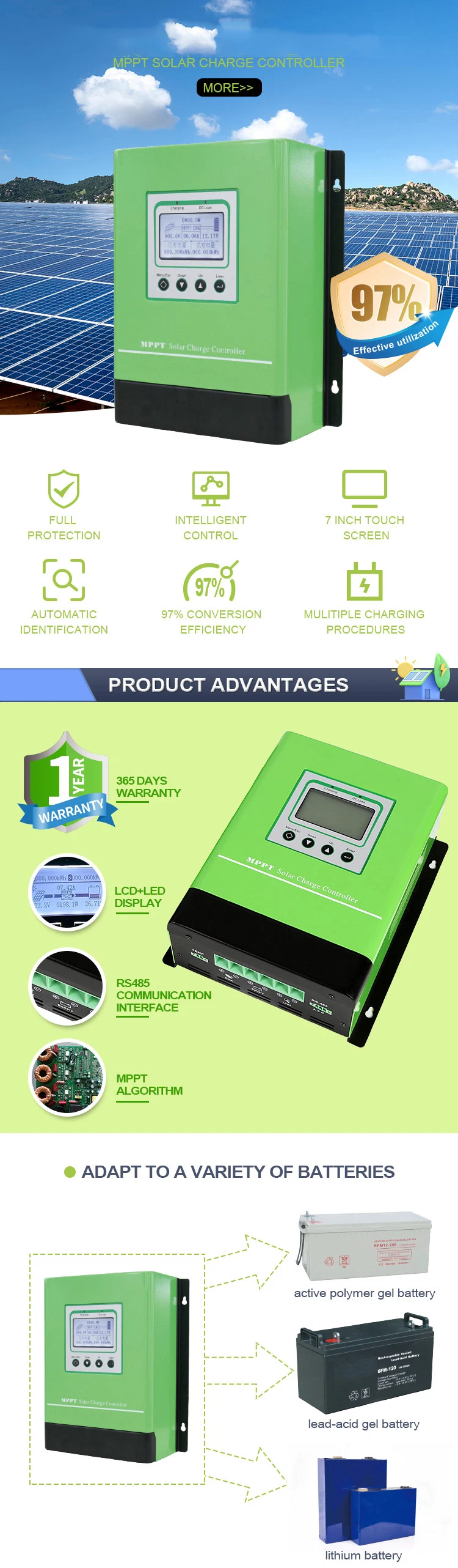 Cheap Factory Price on Grid or off Grid Home or Commercial OEM ODM Hybrid 12V 24V 48V MPPT Solar Power or Energy System Charge Controller